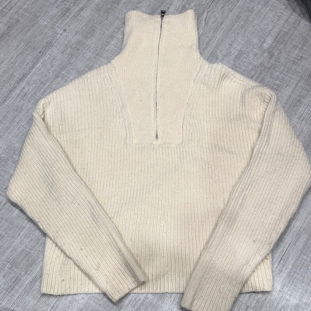 Suzy Shier Cream Ribbed Half-Zip Turtleneck Sweater